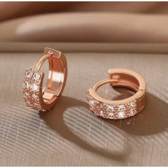 14k Rose Gold Plated Simulated Diamond Huggie Hoop Earrings - Picture 2 of 4